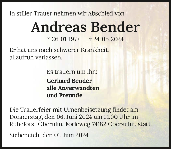 Traueranzeige von Andreas Bender von GESAMT