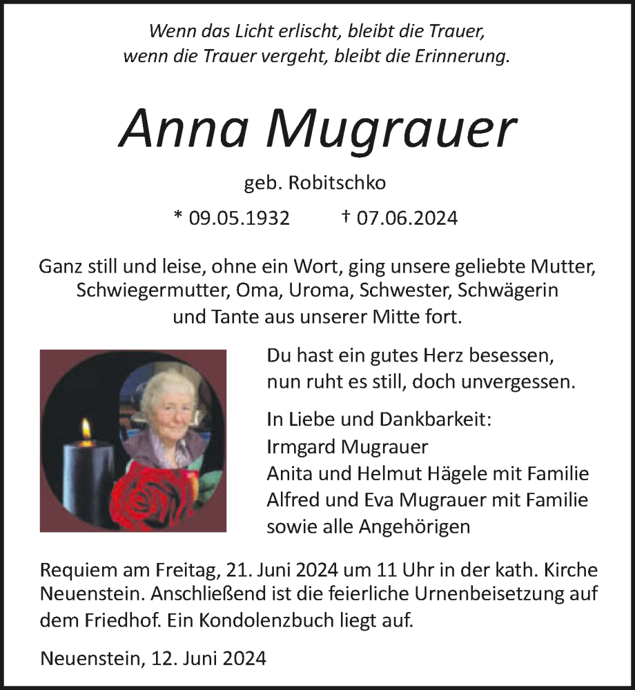  Traueranzeige für Anna Mugrauer vom 12.06.2024 aus GESAMT