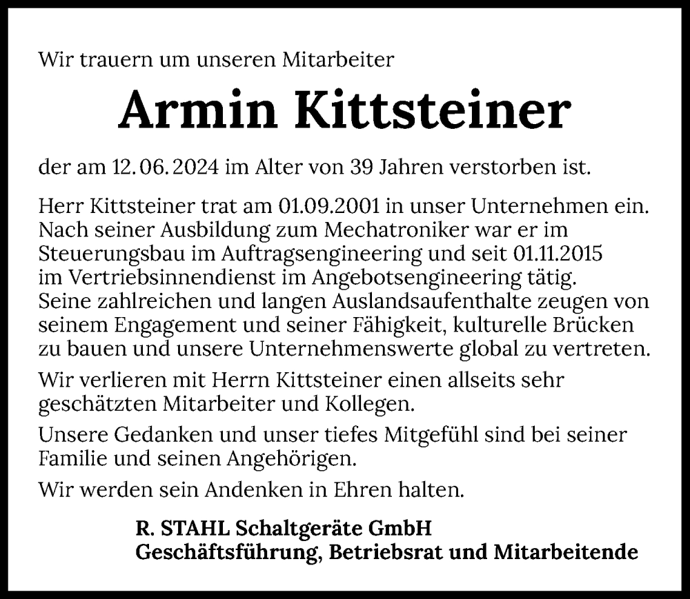  Traueranzeige für Armin Kittsteiner vom 18.06.2024 aus GESAMT
