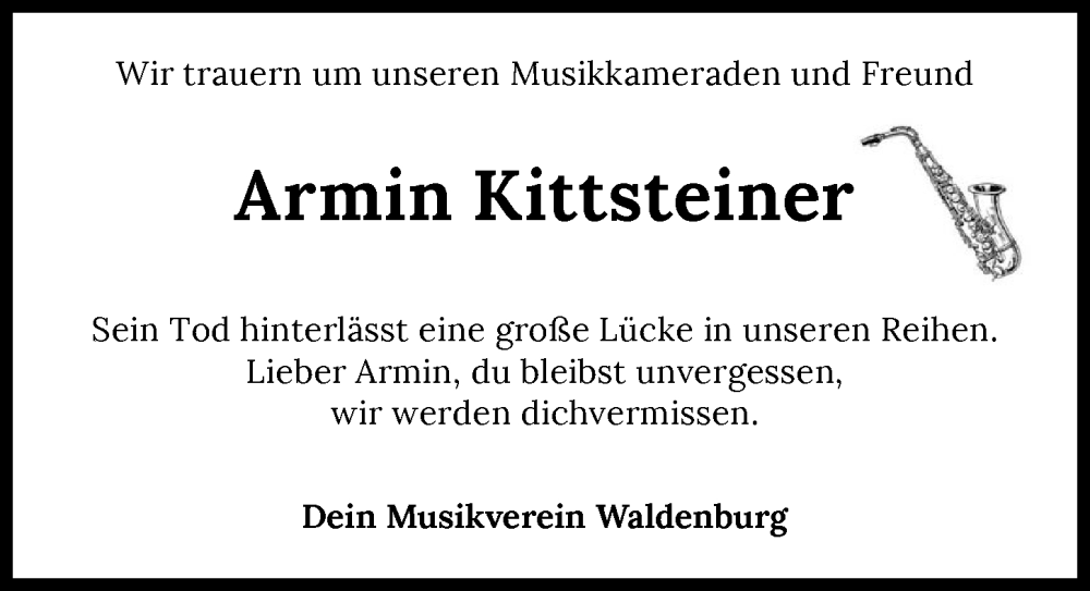  Traueranzeige für Armin Kittsteiner vom 15.06.2024 aus GESAMT