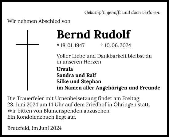 Traueranzeige von Bernd Rudolf von GESAMT