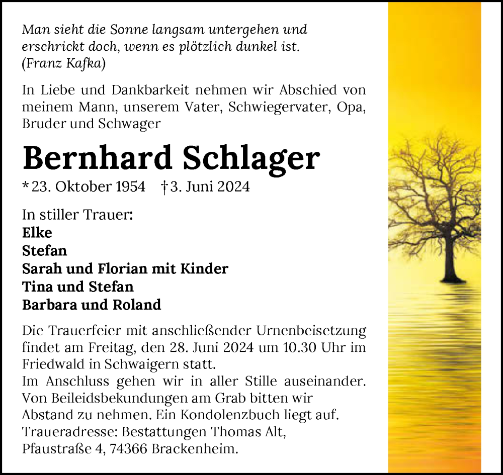  Traueranzeige für Bernhard Schlager vom 22.06.2024 aus GESAMT