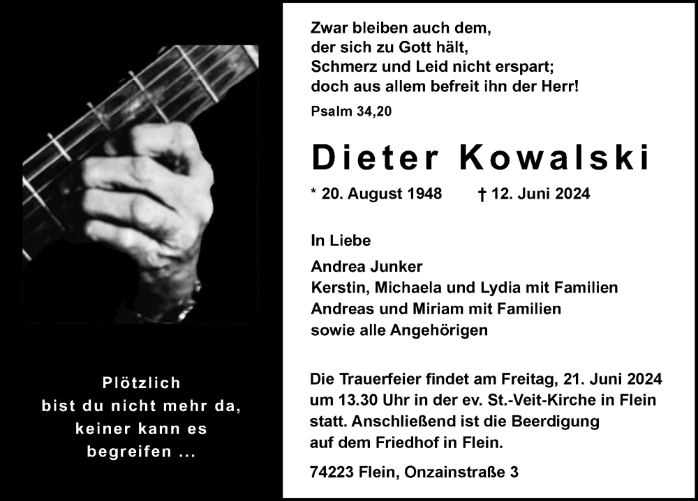  Traueranzeige für Dieter Kowalski vom 15.06.2024 aus GESAMT