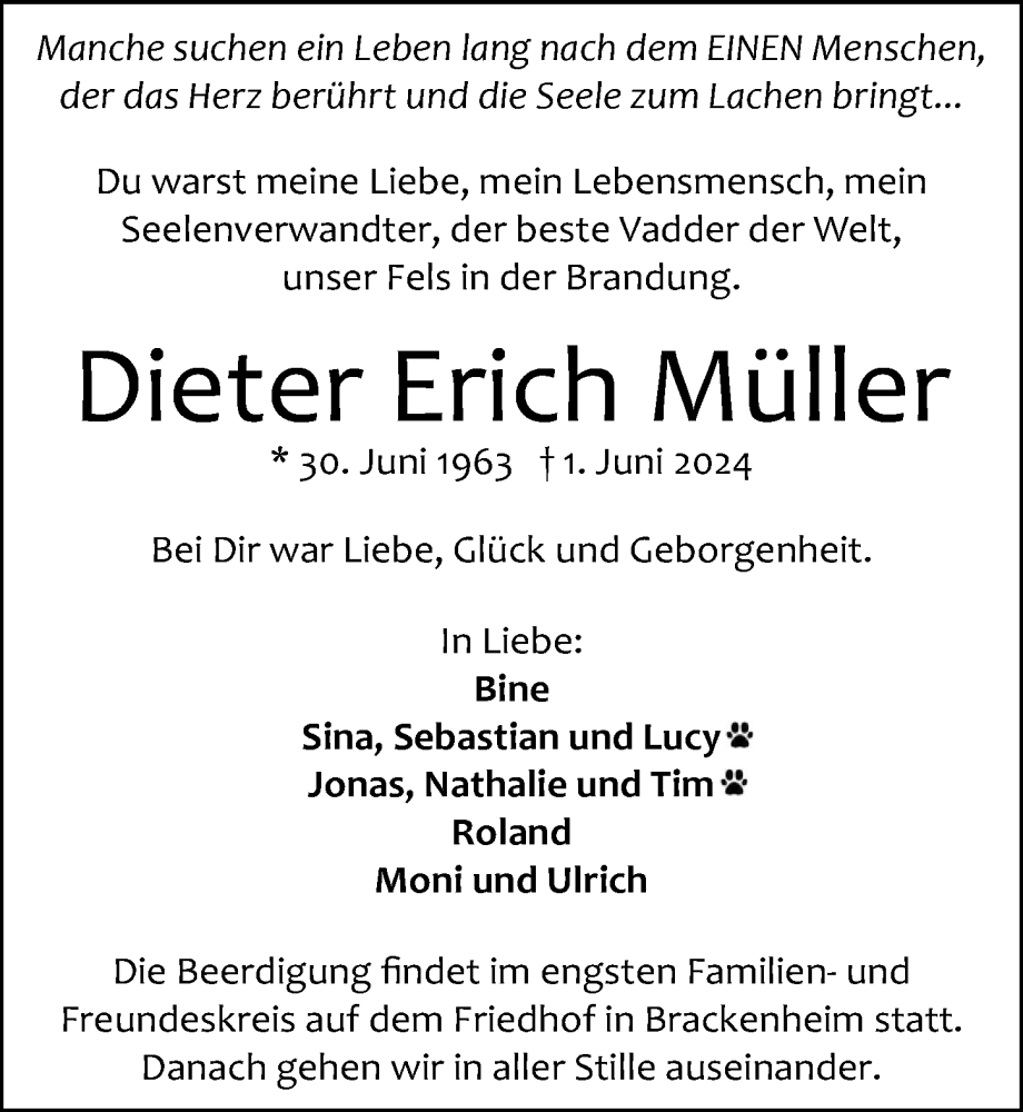  Traueranzeige für Dieter Erich Müller vom 06.06.2024 aus GESAMT