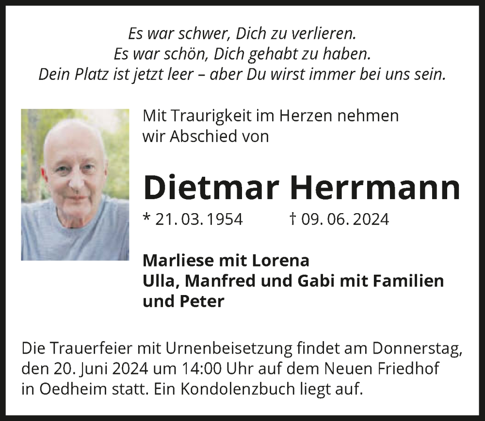  Traueranzeige für Dietmar Herrmann vom 15.06.2024 aus GESAMT
