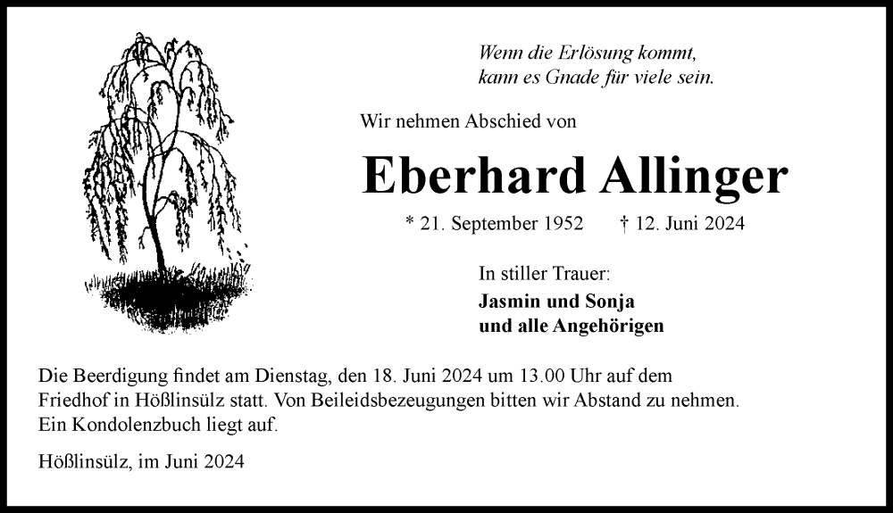  Traueranzeige für Eberhard Allinger vom 15.06.2024 aus GESAMT