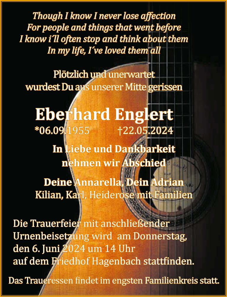  Traueranzeige für Eberhard Englert vom 01.06.2024 aus GESAMT