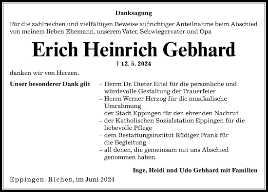 Traueranzeige von Erich Heinrich Gebhard von GESAMT