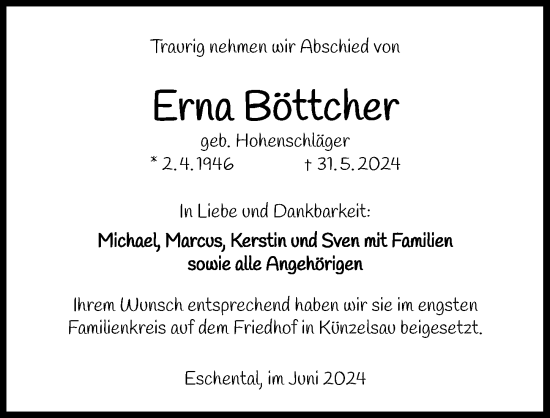 Traueranzeige von Erna Böttcher von GESAMT