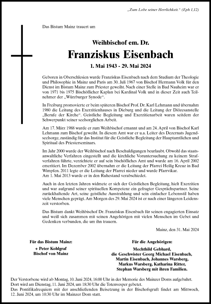  Traueranzeige für Franziskus Eisenbach vom 05.06.2024 aus GESAMT