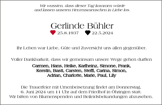 Traueranzeige von Gerlinde Bühler von GESAMT