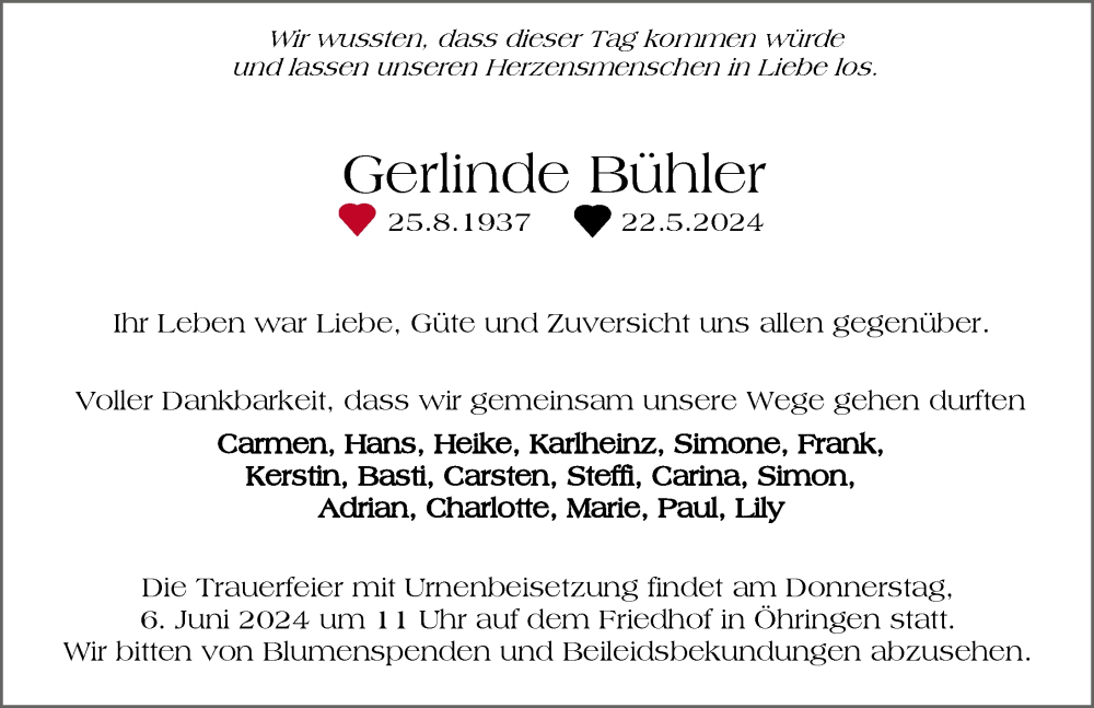  Traueranzeige für Gerlinde Bühler vom 01.06.2024 aus GESAMT
