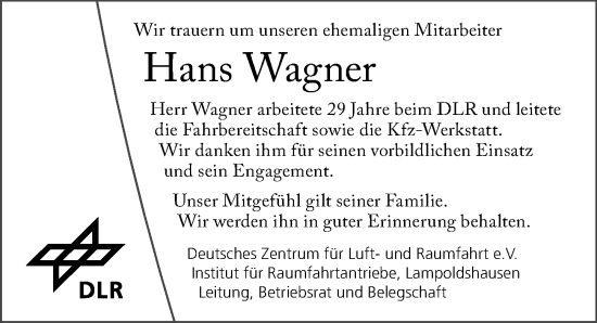 Traueranzeige von Hans Wagner von GESAMT