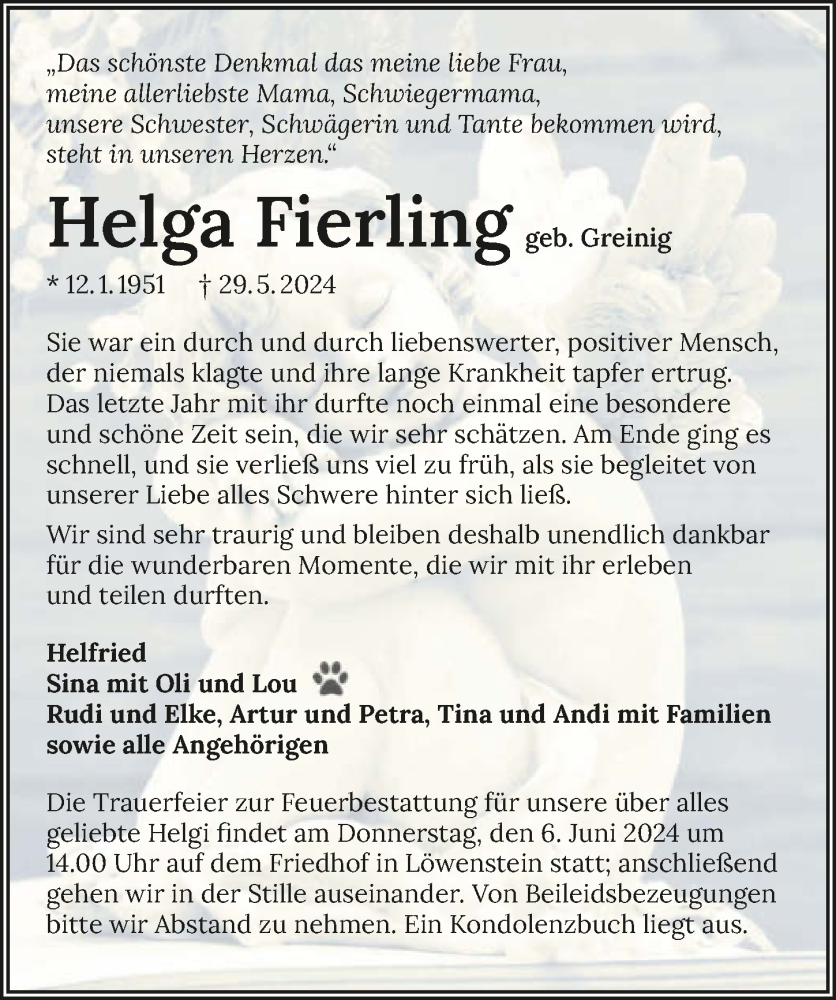  Traueranzeige für Helga Fierling vom 03.06.2024 aus GESAMT
