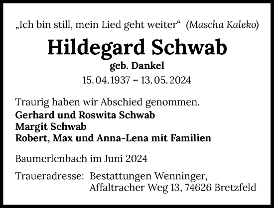 Traueranzeige von Hildegard Schwab von GESAMT