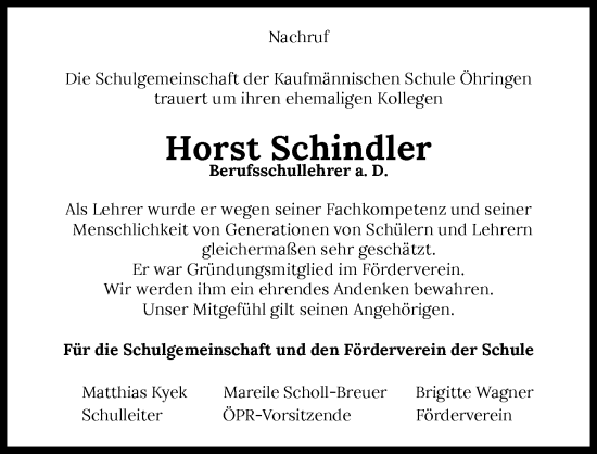Traueranzeige von Horst Schindler von GESAMT