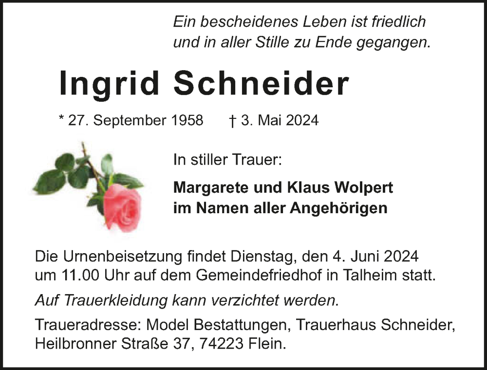  Traueranzeige für Ingrid Schneider vom 01.06.2024 aus GESAMT