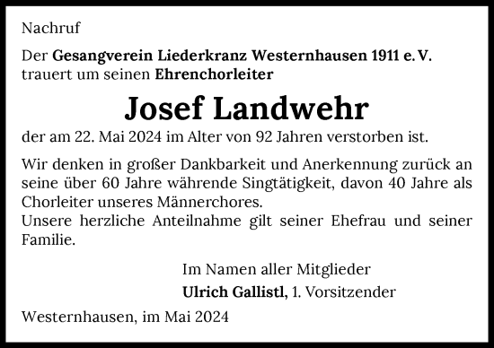 Traueranzeige von Josef Landwehr von GESAMT