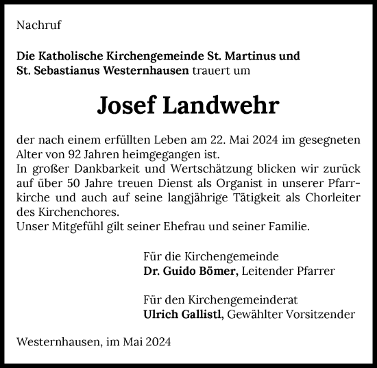 Traueranzeige von Josef Landwehr von GESAMT