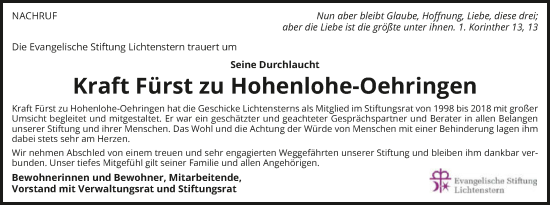 Traueranzeige von Kraft Fürst zu Hohenlohe-Oehringen von GESAMT