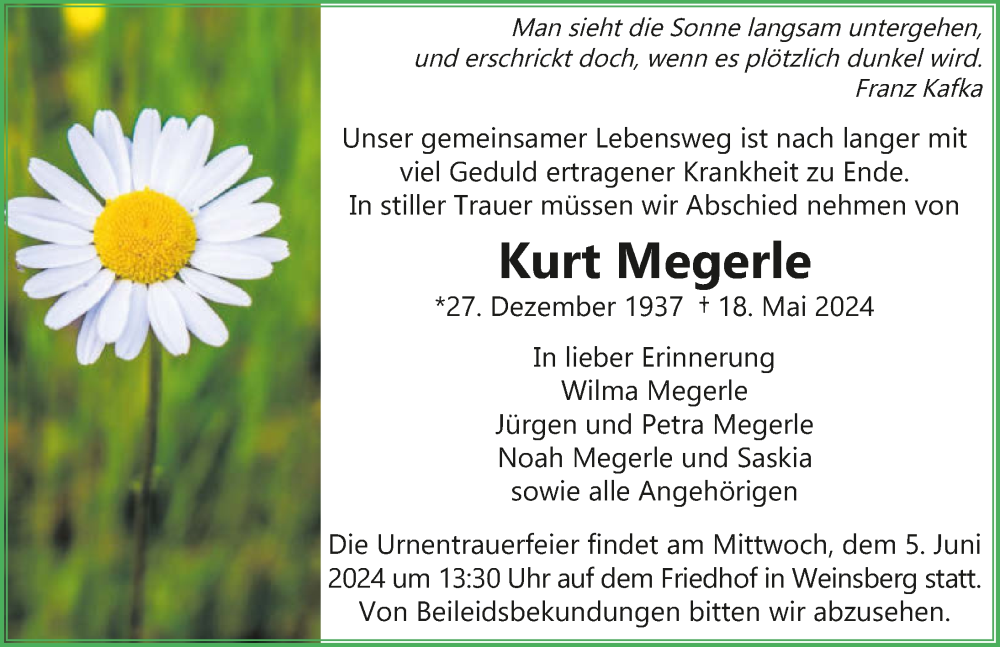  Traueranzeige für Kurt Megerle vom 01.06.2024 aus GESAMT