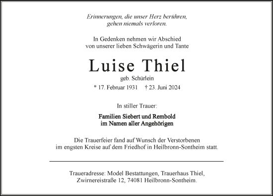 Traueranzeige von Luise Thiel von GESAMT