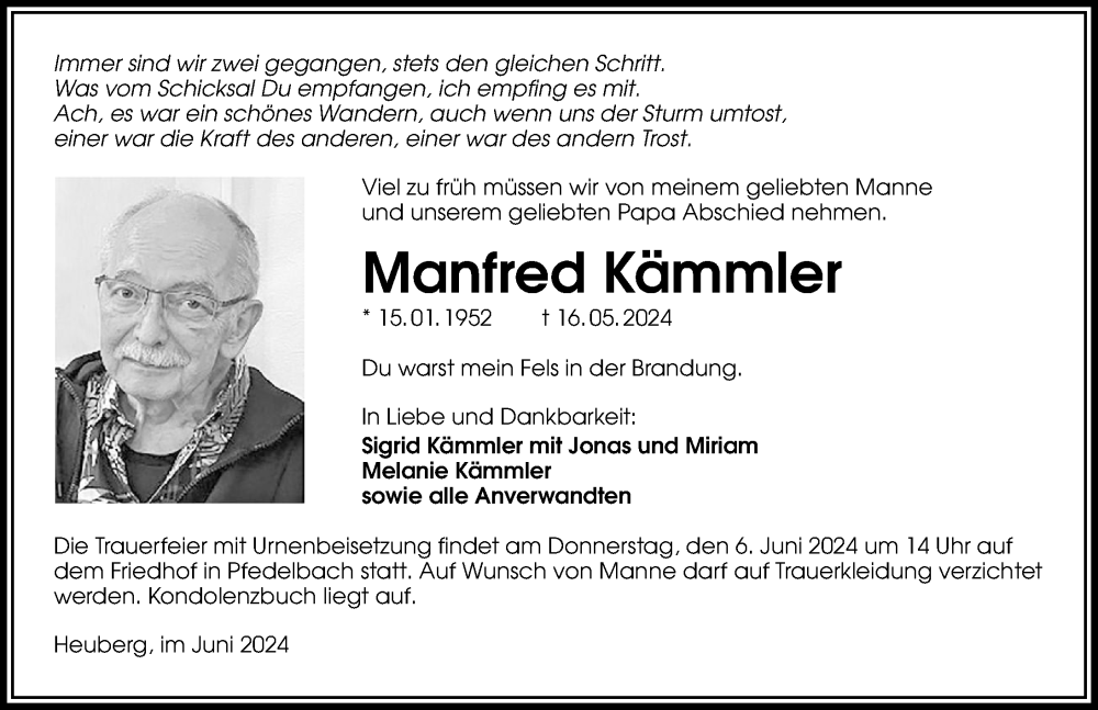  Traueranzeige für Manfred Kämmler vom 01.06.2024 aus GESAMT