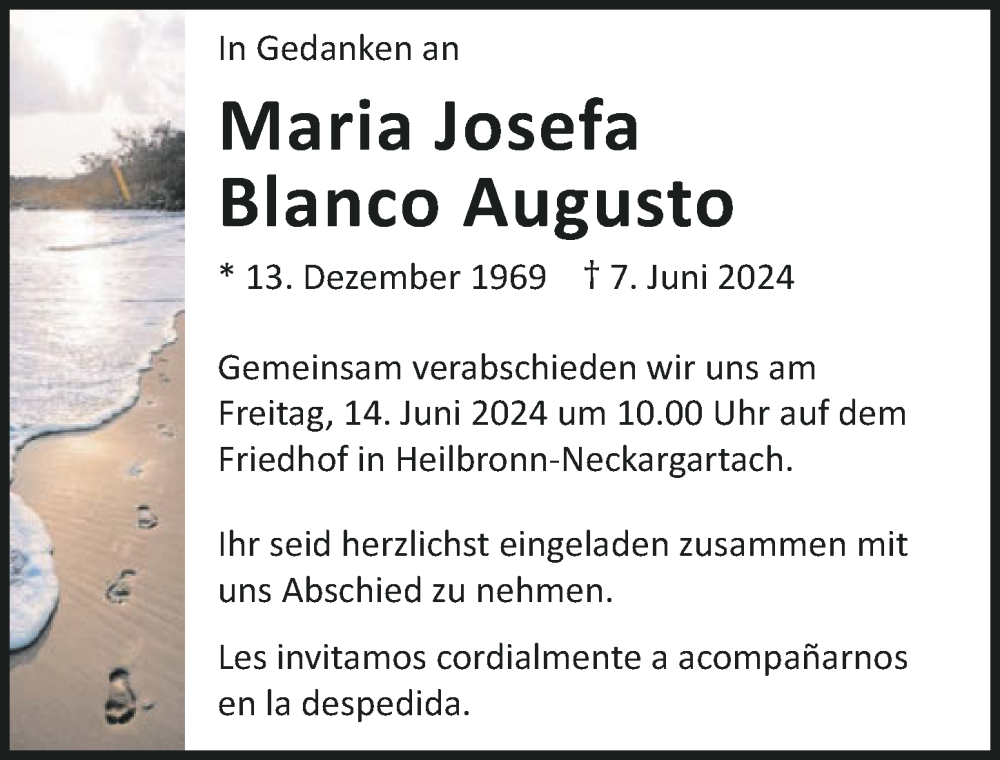  Traueranzeige für Maria Josefa Blanco Augusto vom 11.06.2024 aus GESAMT