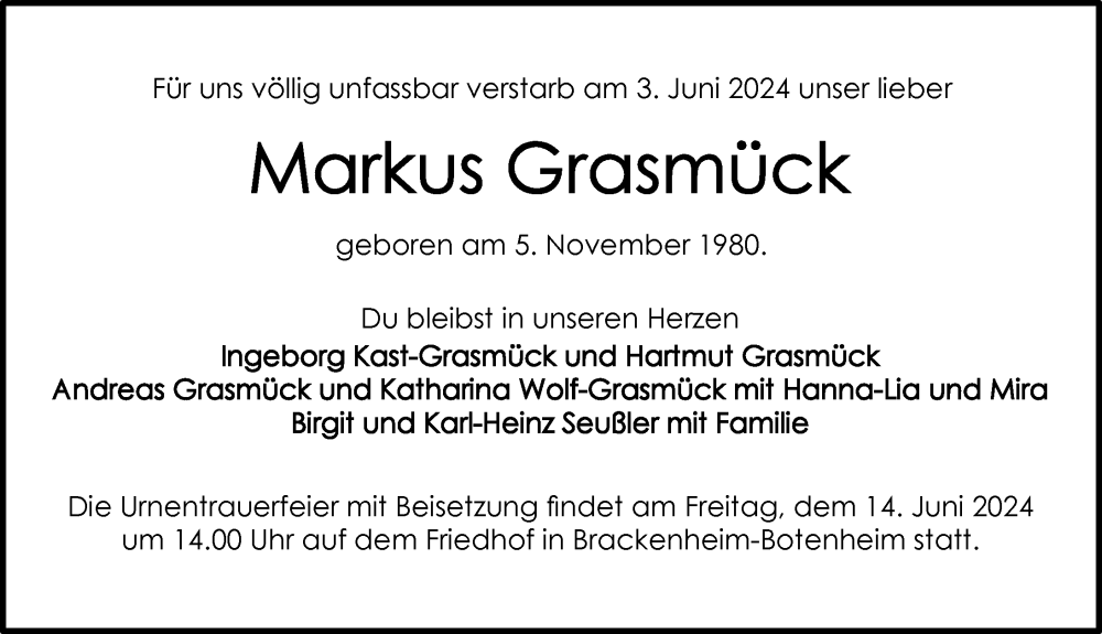 Traueranzeige für Markus Grasmück vom 08.06.2024 aus GESAMT