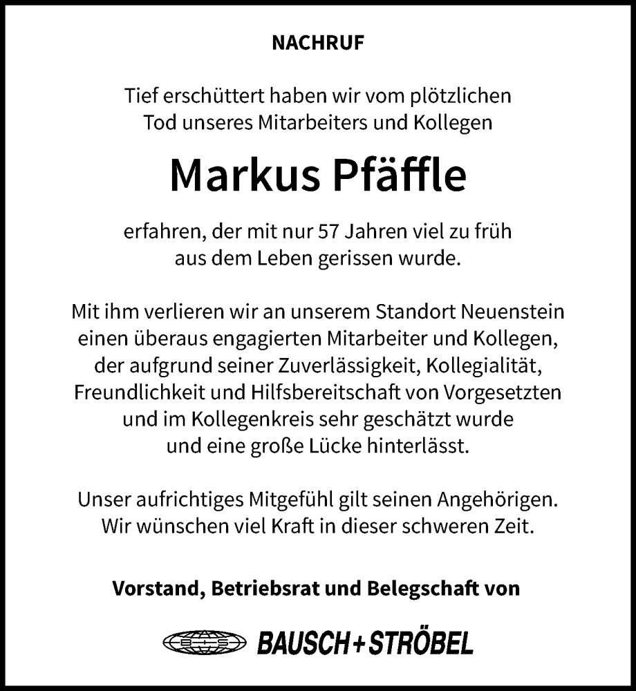  Traueranzeige für Markus Pfäffle vom 21.06.2024 aus GESAMT