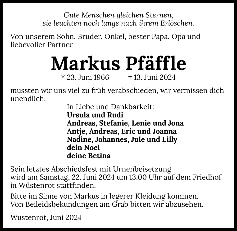  Traueranzeige für Markus Pfäffle vom 19.06.2024 aus GESAMT