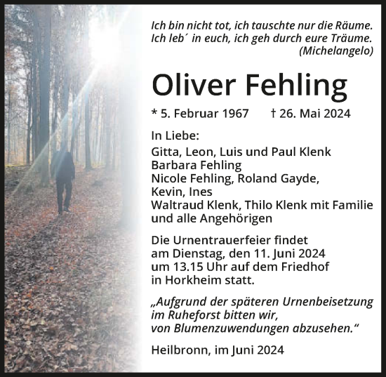 Traueranzeige von Oliver Fehling von GESAMT