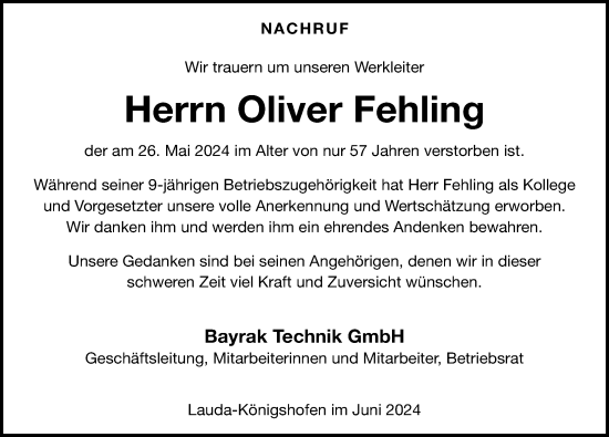 Traueranzeige von Oliver Fehling von GESAMT