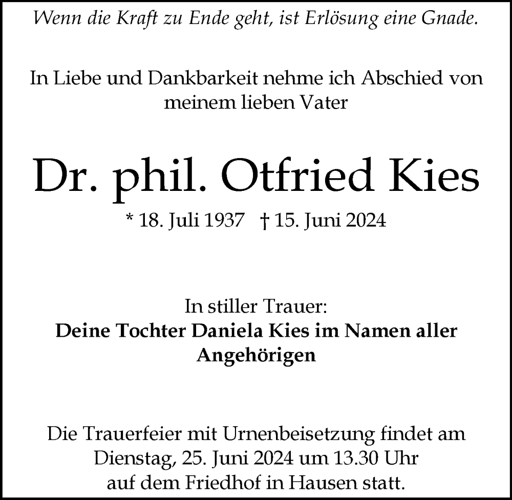  Traueranzeige für Otfried Kies vom 22.06.2024 aus GESAMT