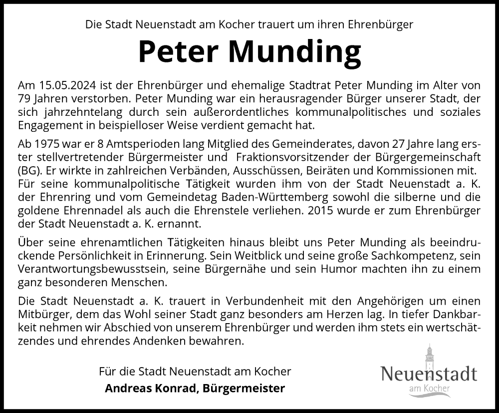  Traueranzeige für Peter Munding vom 01.06.2024 aus GESAMT