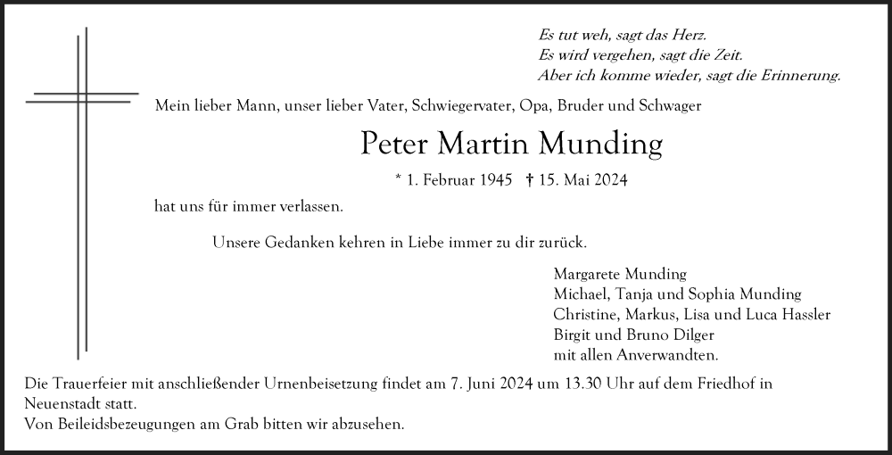  Traueranzeige für Peter Martin Munding vom 01.06.2024 aus GESAMT