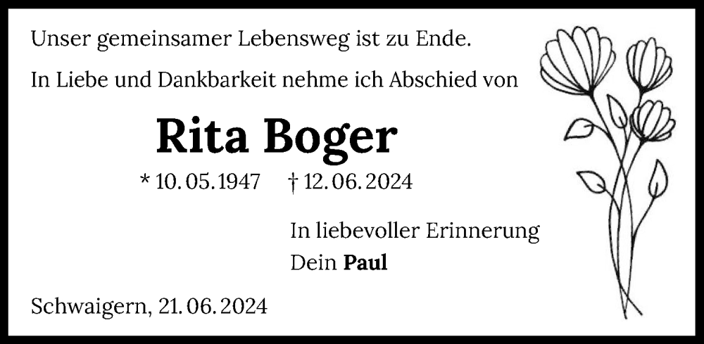  Traueranzeige für Rita Boger vom 21.06.2024 aus GESAMT