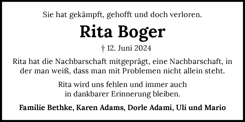  Traueranzeige für Rita Boger vom 21.06.2024 aus GESAMT