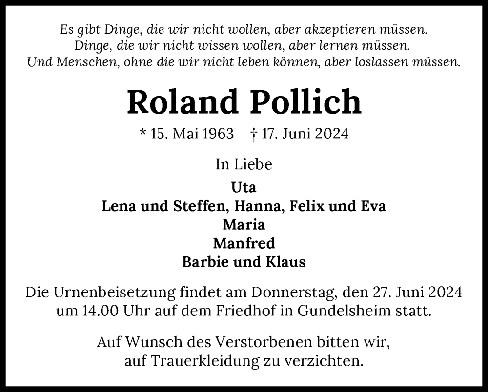  Traueranzeige für Roland Pollich vom 22.06.2024 aus GESAMT