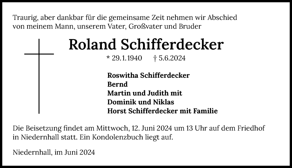  Traueranzeige für Roland Schifferdecker vom 08.06.2024 aus GESAMT