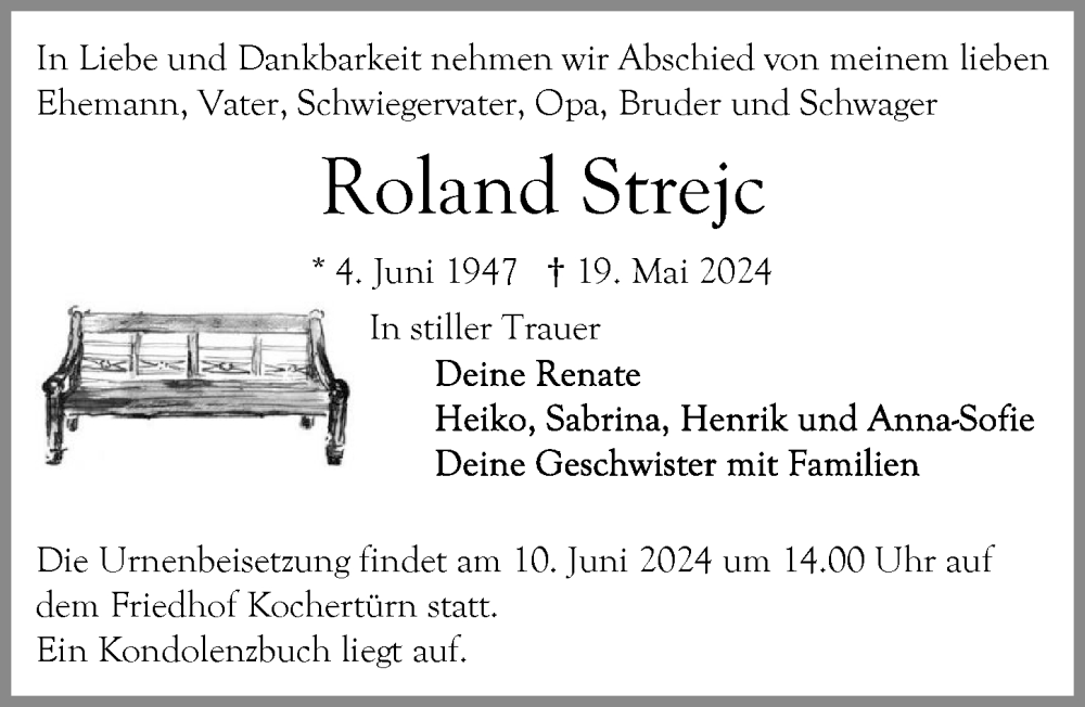  Traueranzeige für Roland Strejc vom 05.06.2024 aus GESAMT