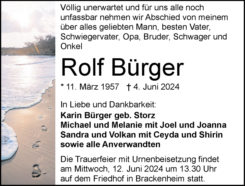  Traueranzeige für Rolf Bürger vom 08.06.2024 aus GESAMT