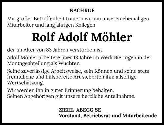 Traueranzeige von Rolf Adolf Möhler von GESAMT