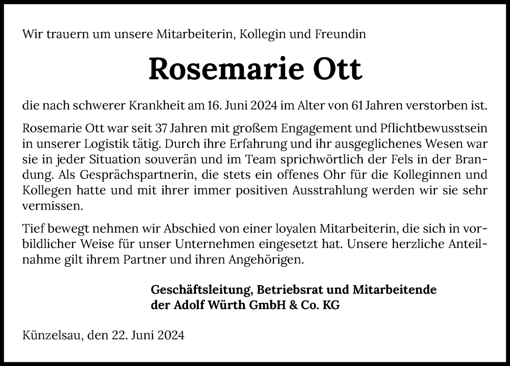  Traueranzeige für Rosemarie Ott vom 22.06.2024 aus GESAMT