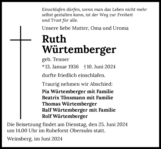 Traueranzeige von Ruth Würtemberger von GESAMT