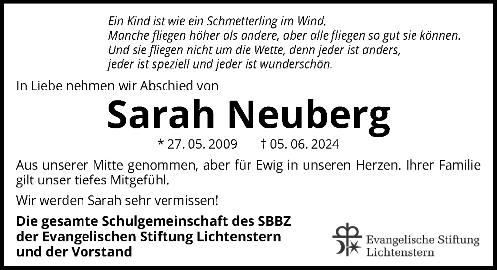  Traueranzeige für Sarah Neuberg vom 15.06.2024 aus GESAMT