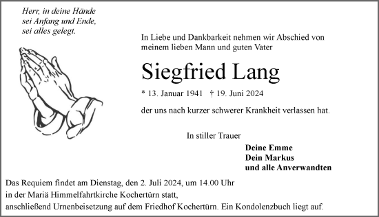 Traueranzeige von Siegfried Lang von GESAMT