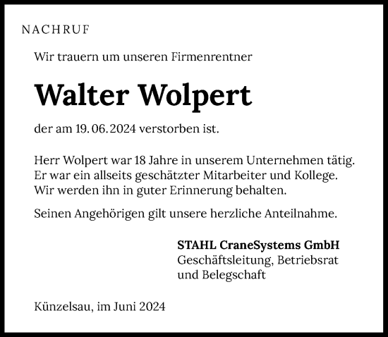 Traueranzeige von Walter Wolpert von GESAMT