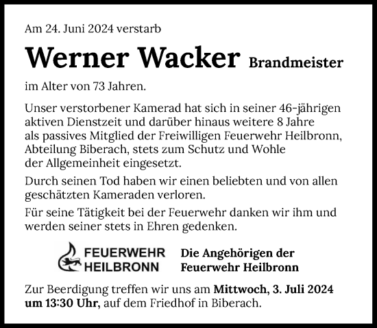 Traueranzeige von Werner Wacker von GESAMT
