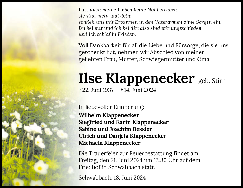  Traueranzeige für Ilse Klappenecker vom 18.06.2024 aus GESAMT
